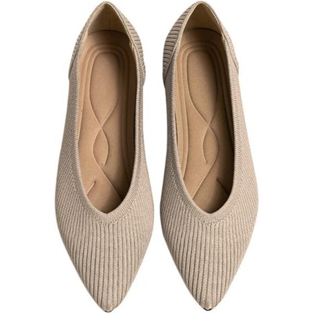 Women's Pointed Toe Knit Ballet Fashionable and Comfortable Dressy Flat Cream